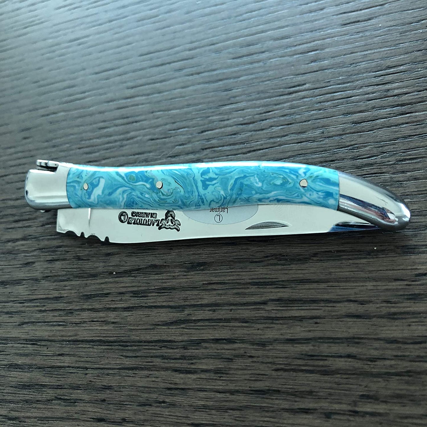 Laguiole en Aubrac Handcrafted Plated Multipurpose Knife with Shiny Bolsters, Larimar Handle, 4.75 inches - LaguioleEnAubracShop