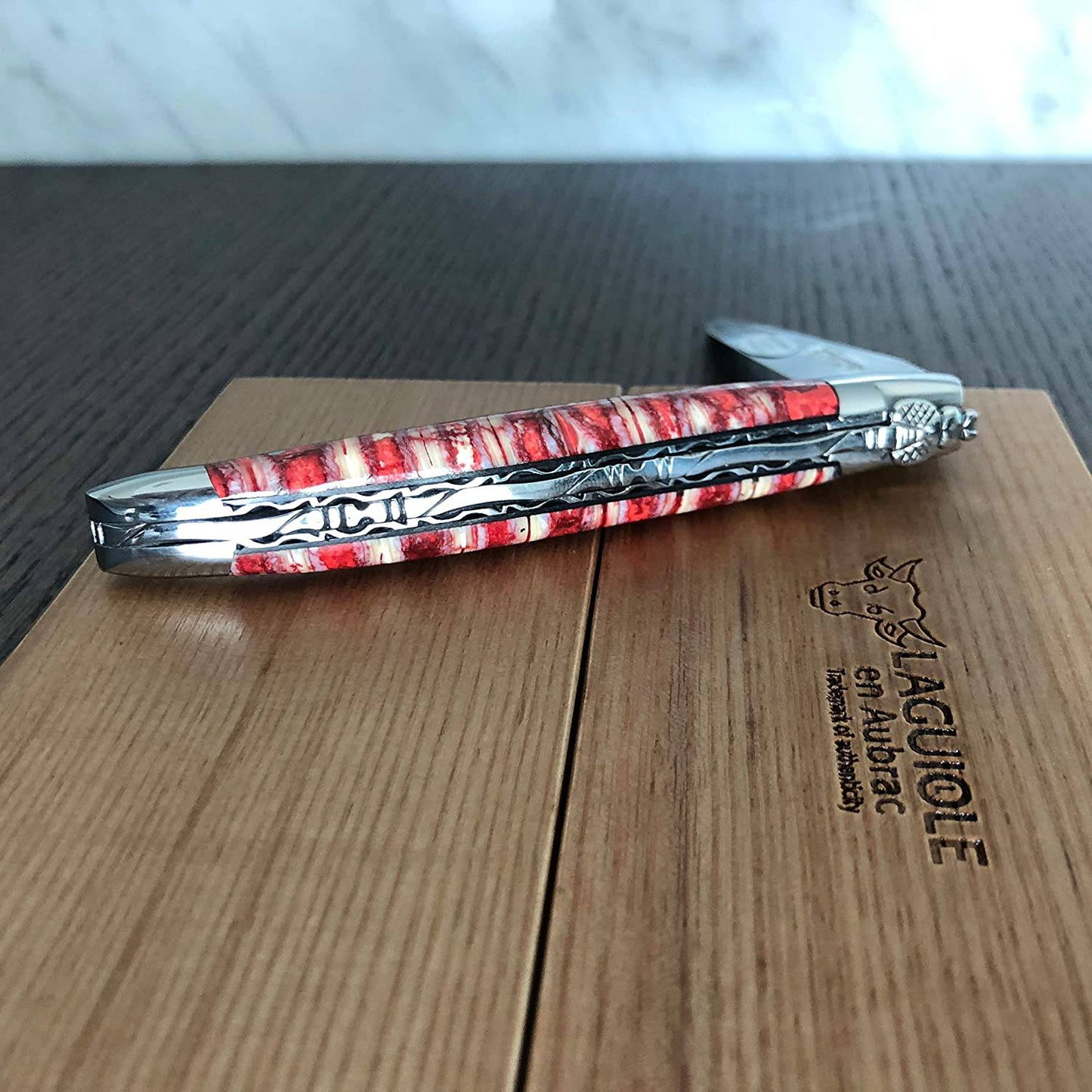 Laguiole en Aubrac Handcrafted Doble Plated Multipurpose Knife with Shiny Bolsters, Red Mollar Handle, 4.75 inches - LaguioleEnAubracShop