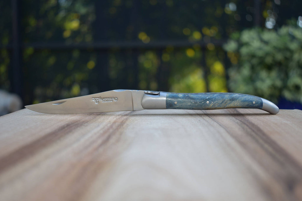 Laguiole en Aubrac Brushed Handcrafted Luxury Double Plated Multipurpose Knife with Buckeye Blue Handle,  4.75-inches - LaguioleEnAubracShop