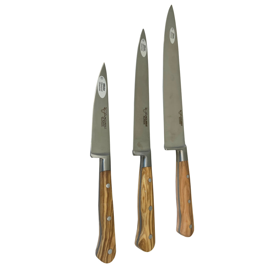 Laguiole en Aubrac Professional Stainless Fully Forged Steel Starter 3-Piece Premium Kitchen Knife Set With Olivewood Handles - LaguioleEnAubracShop