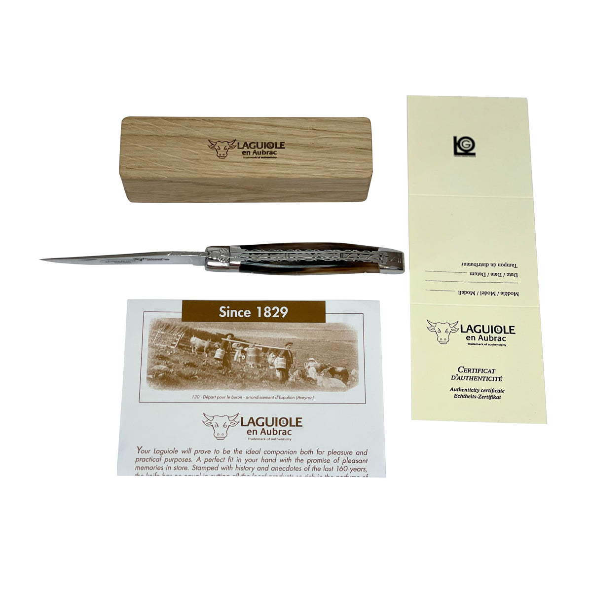 Laguiole en Aubrac Handcrafted Double Plated Multipurpose Knife with Shiny Bolsters, Solid Horn Handle, 4.75-Inches - LaguioleEnAubracShop