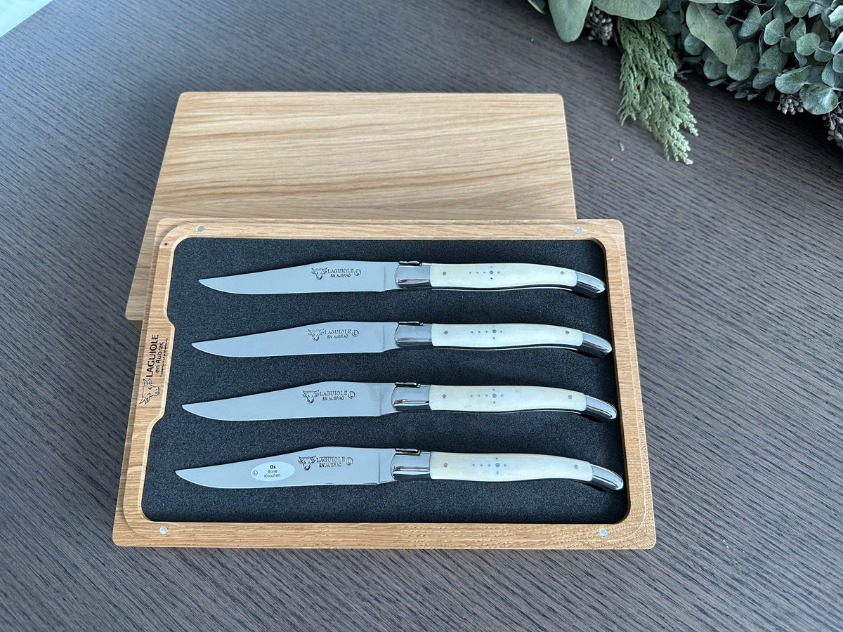 Laguiole en Aubrac Handcrafted 4-Piece Steak Knife Set with Zebu Bone Handles, Polished Bolsters - LaguioleEnAubracShop