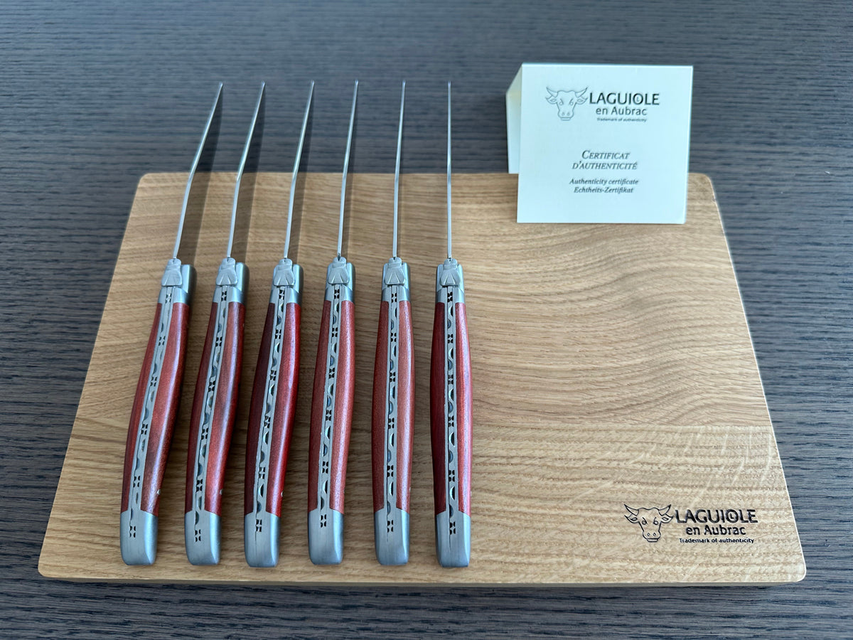 Laguiole en Aubrac Handcrafted Plated 6-Piece Steak Knife Set With Red Heart Wood Handles, Brushed Bolsters - LaguioleEnAubracShop