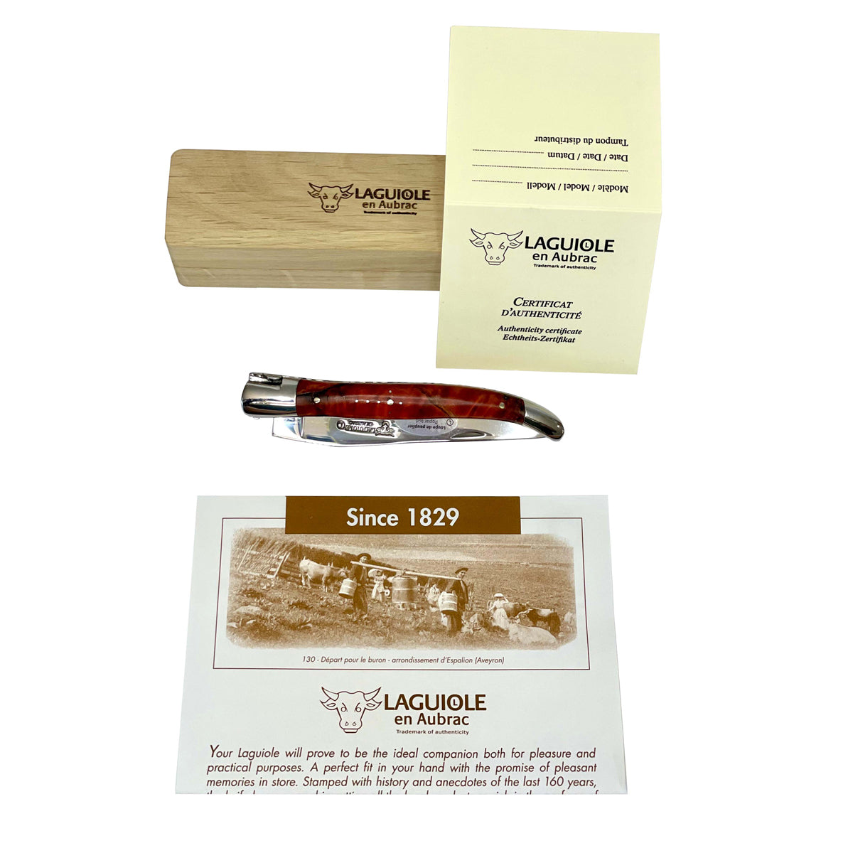 Laguiole en Aubrac Handcrafted Double Plated Multipurpose Knife with Stabilized Red Poplar Burl, 4.75-Inches - LaguioleEnAubracShop