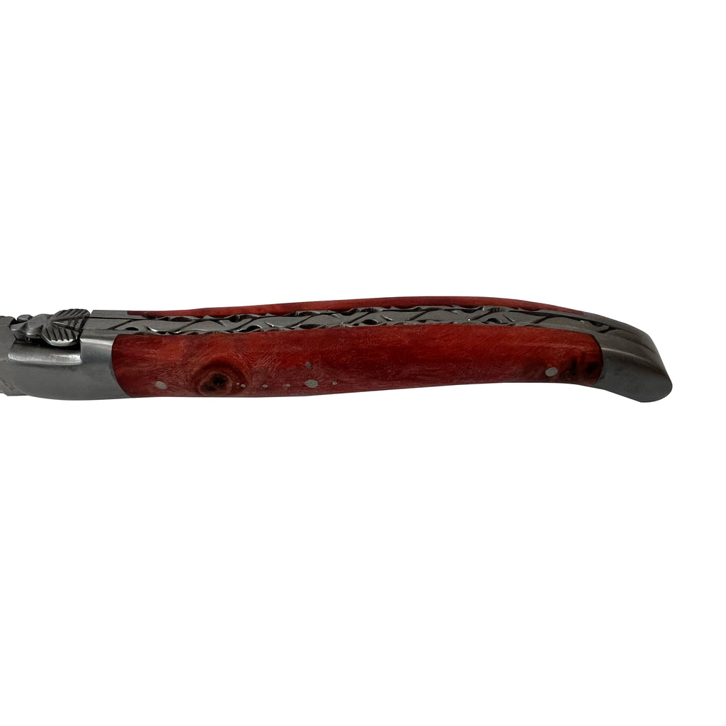 Laguiole en Aubrac Handcrafted Double Plated Multipurpose Knife with Stabilized Red Poplar Burl Handle, 4.75-Inches - LaguioleEnAubracShop