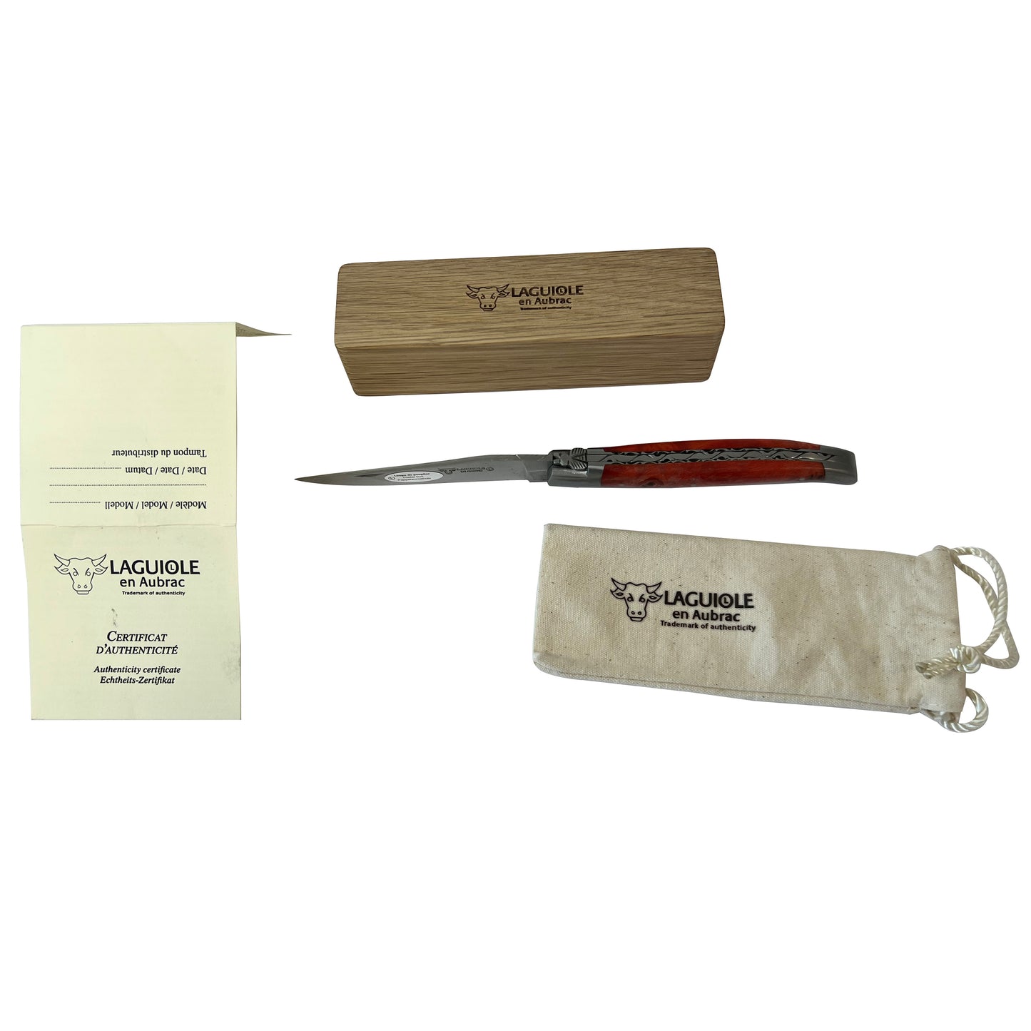 Laguiole en Aubrac Handcrafted Double Plated Multipurpose Knife with Stabilized Red Poplar Burl Handle, 4.75-Inches - LaguioleEnAubracShop