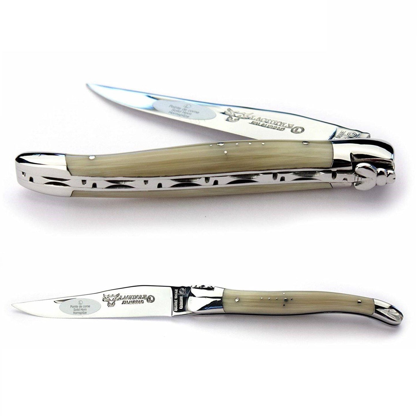 Laguiole en Aubrac Handcrafted Plated Multipurpose Knife with Shiny Bolsters, Solid Horn Handle, 4.75 inches - LaguioleEnAubracShop