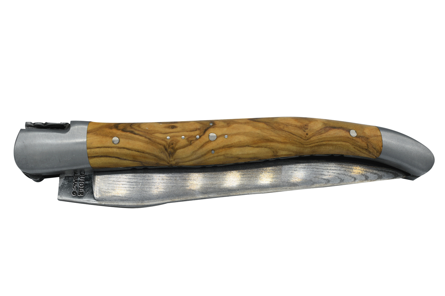 Laguiole en Aubrac Handcrafted Damascus Double Plated Multipurpose Knife with Brushed Bolsters, Olive Wood Handle, 4.75 inches - LaguioleEnAubracShop