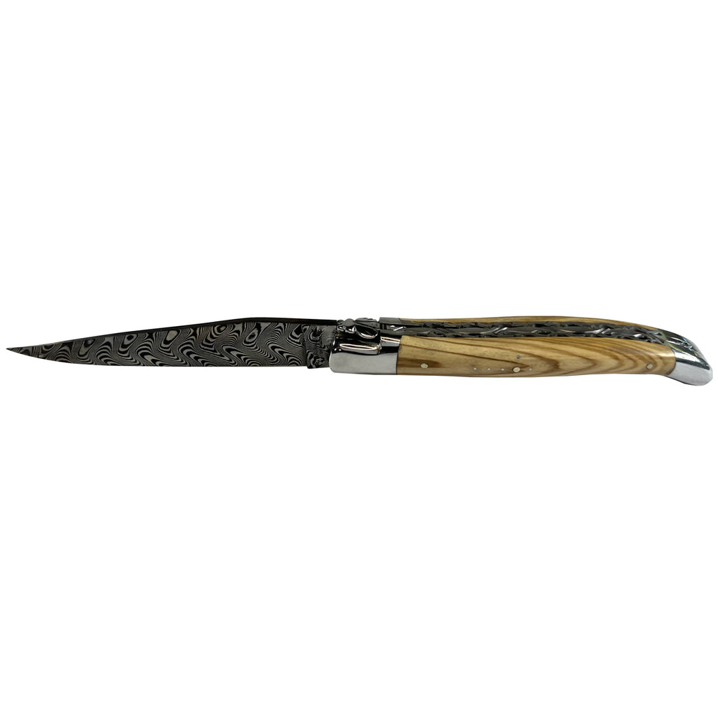 Laguiole en Aubrac Handcrafted Multilayer Damascus Double Plated Multipurpose Knife With Olive Wood Handle, 4.75-Inches - LaguioleEnAubracShop