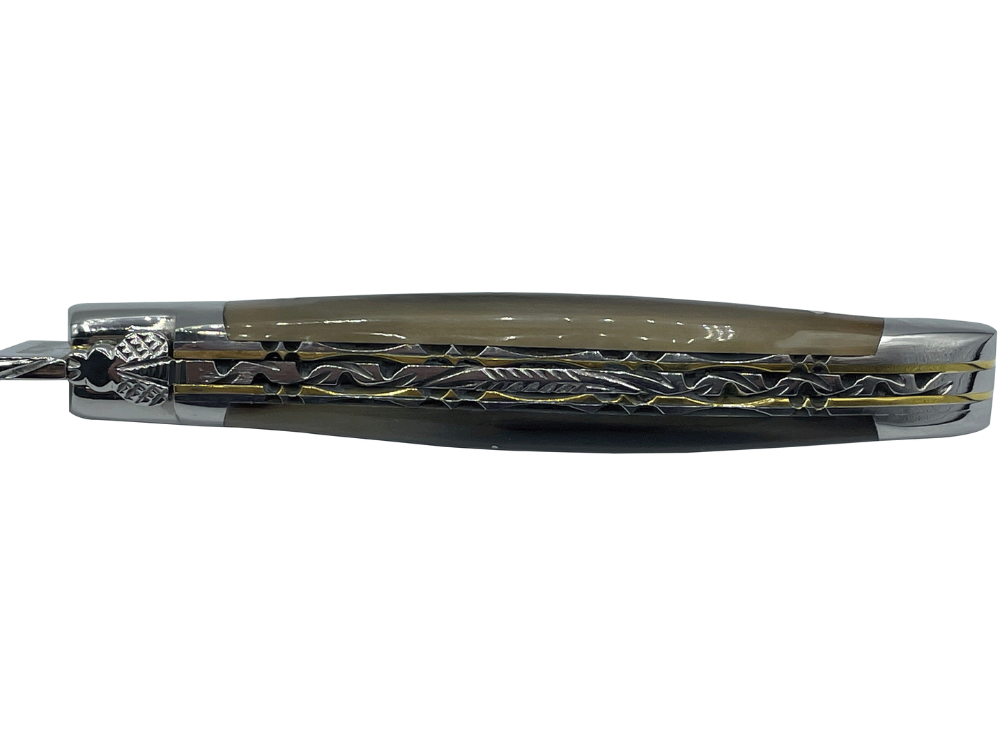 Laguiole en Aubrac Handcrafted Double Brass & Stainless Plates Multipurpose Knife, Solid Horn Handle, 4.75 inches - LaguioleEnAubracShop