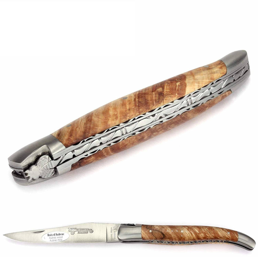 Laguiole en Aubrac Handcrafted Double Plated Multipurpose Knife with Matte Stainless Bolsters, Aubrac Beech Wood Handle, 4.75 inches - LaguioleEnAubracShop
