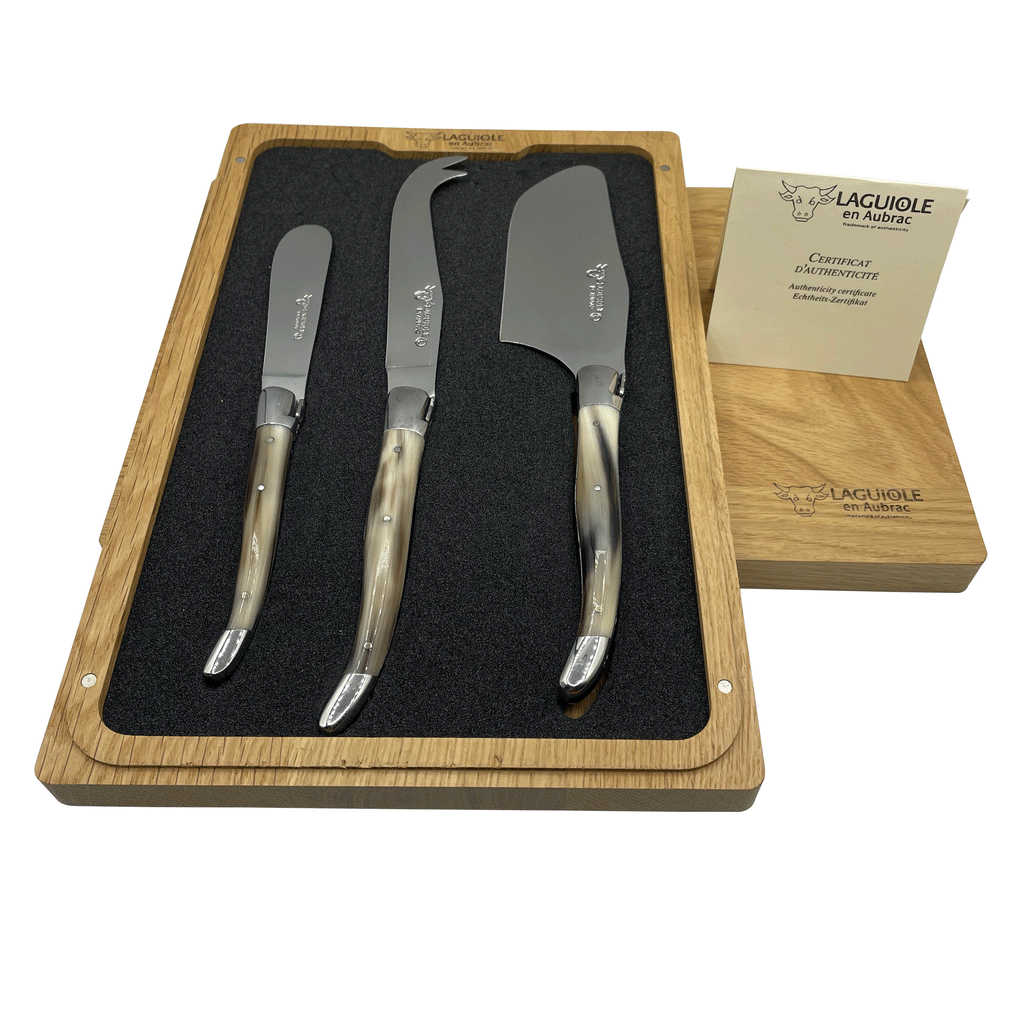 Laguiole en Aubrac Handcrafted 3-Piece Cheese Knife Set with Solid Horn Handles - LaguioleEnAubracShop