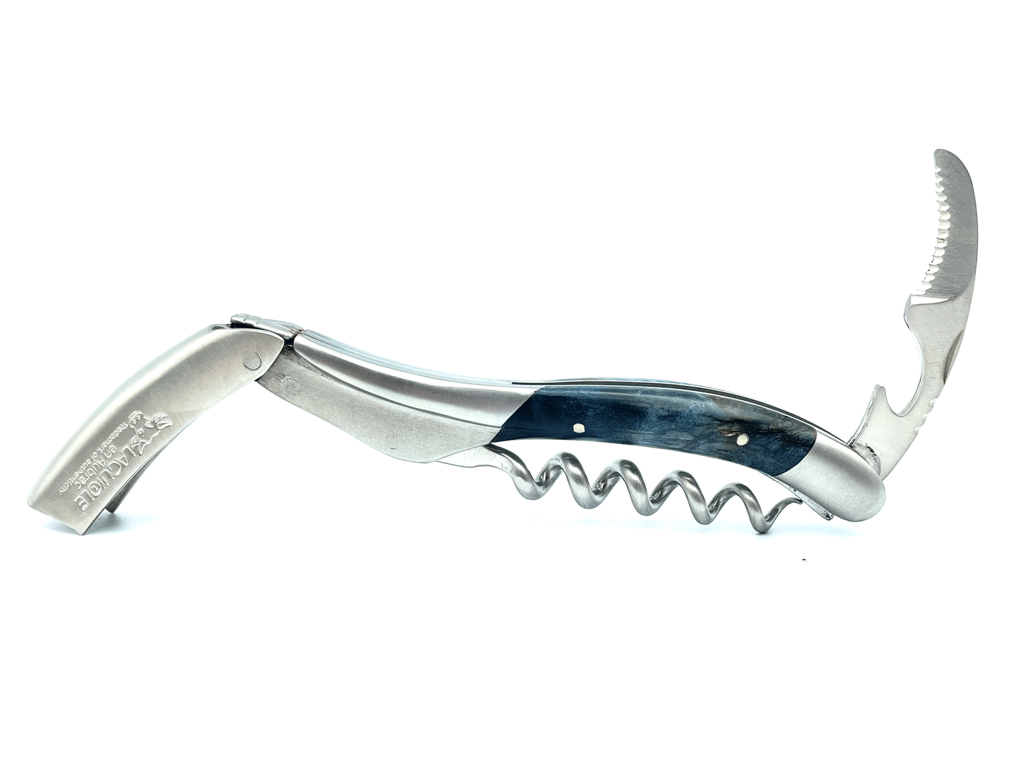 Laguiole en Aubrac Sommelier Waiter's Corkscrew with Stabilized Blue Poplar Burl Handle, Brushed Bolster - LaguioleEnAubracShop