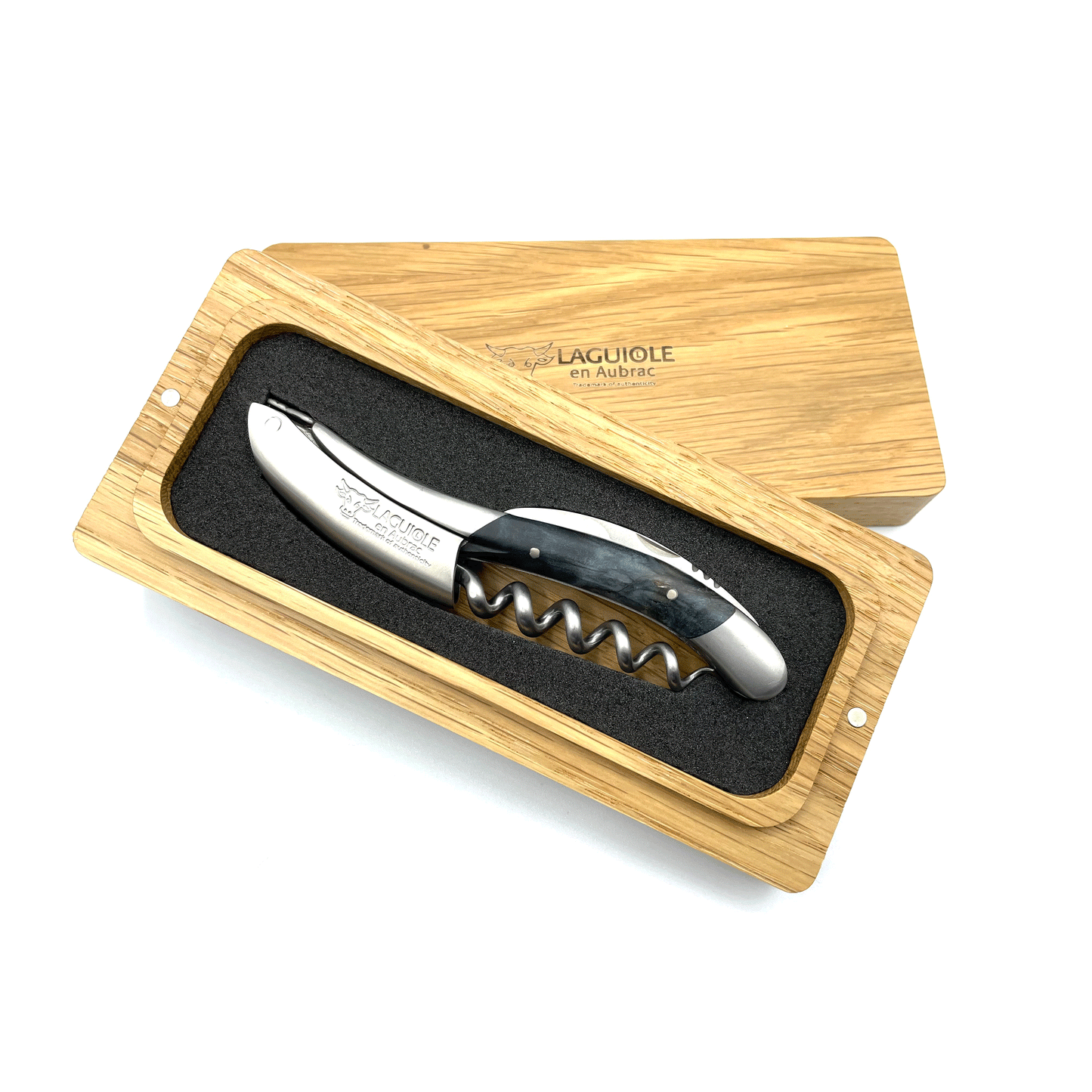 Laguiole en Aubrac Sommelier Waiter's Corkscrew with Stabilized Blue Poplar Burl Handle, Brushed Bolster - LaguioleEnAubracShop