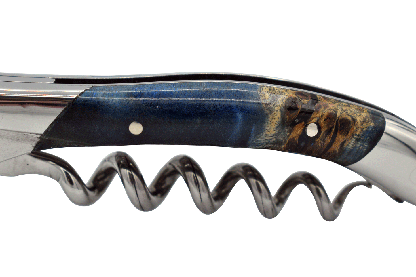 Laguiole en Aubrac Sommelier Waiter's Corkscrew with Stabilized Blue Poplar Burl Handle, Polished Bolster - LaguioleEnAubracShop