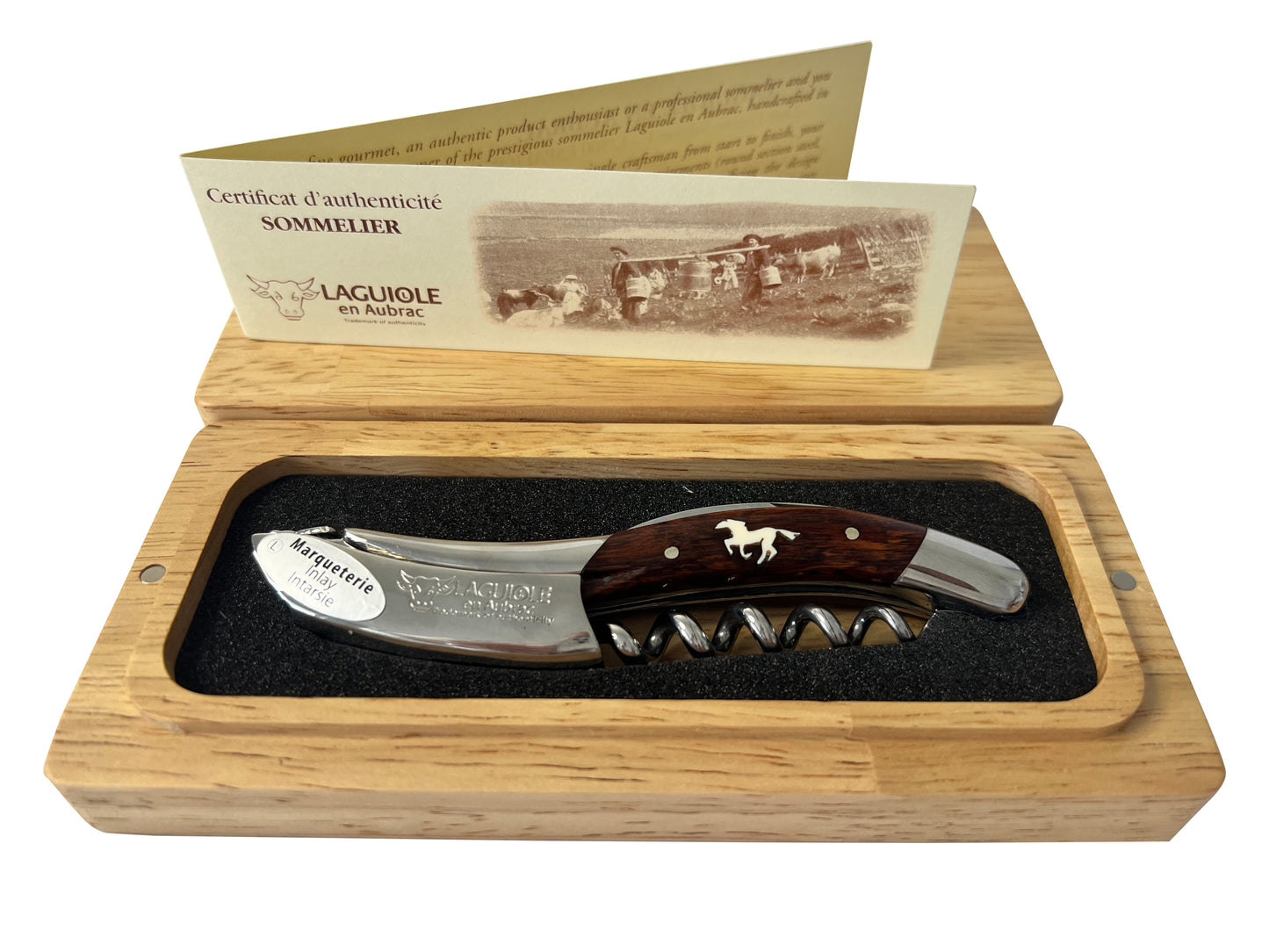 Laguiole en Aubrac Sommelier Waiter's Corkscrew, Marqueterie Amourette With Inlayed Horse Handle - LaguioleEnAubracShop