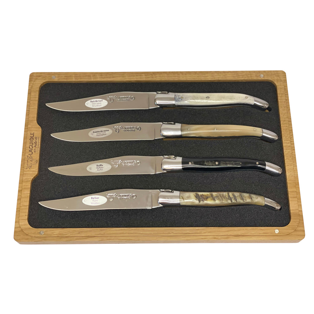 Laguiole en Aubrac Handcrafted Plated 4-Piece Steak Knife Set  with Mixed Horns Handles - LaguioleEnAubracShop