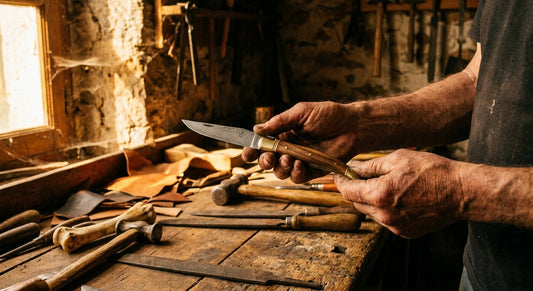 A skilled artisan's hands cradling a finished Laguiole knife in a warmly lit traditional French cutlery workshop.
