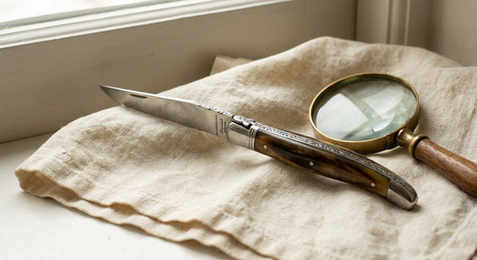 An authentic Laguiole folding knife with an ornate engraved blade and natural horn handle resting open on linen fabric beside a magnifying glass, lit with warm directional light.