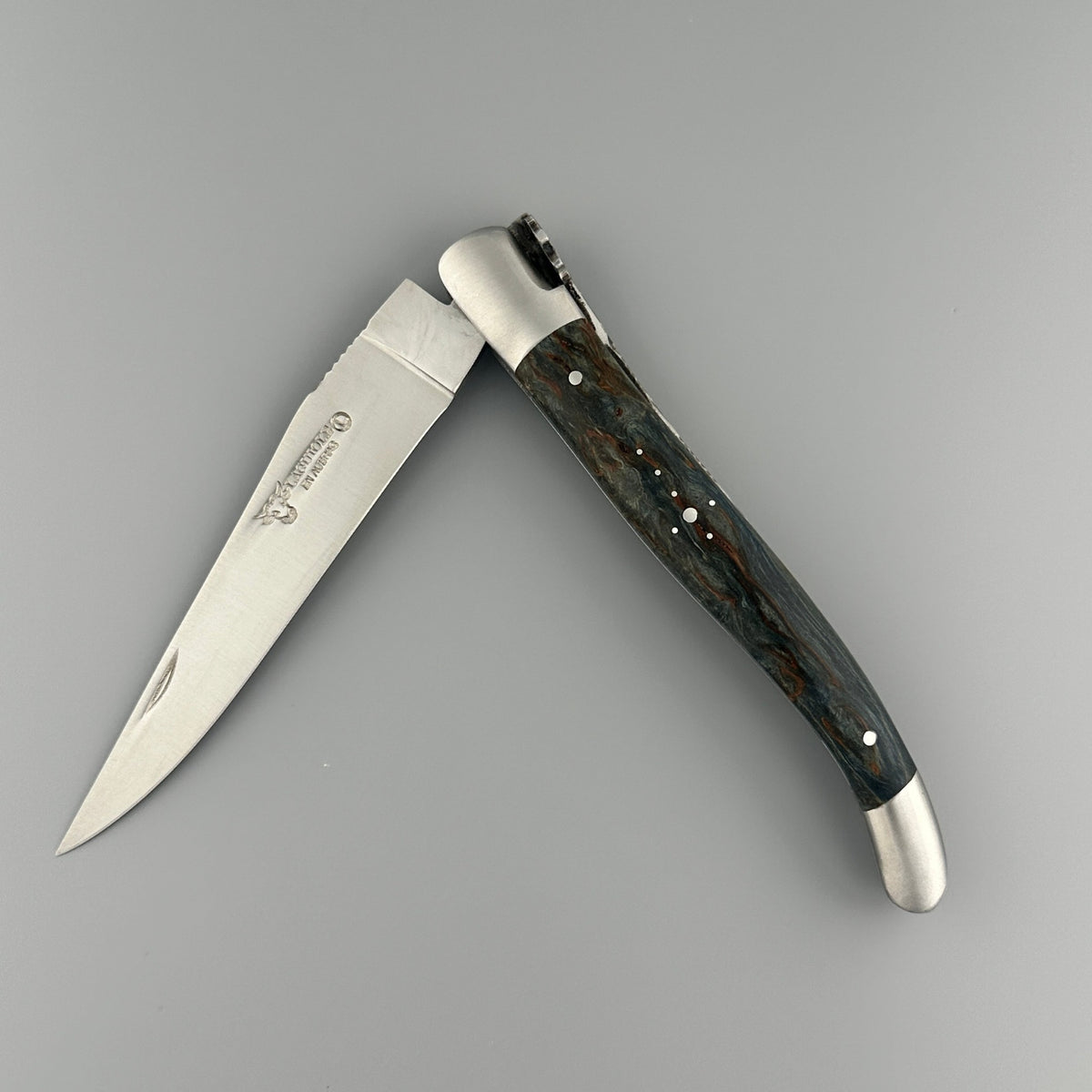Laguiole en Aubrac Hancarved Plate Folding Knife Butterfly Bee Dark Teal Birchwood Burl, 4.7"