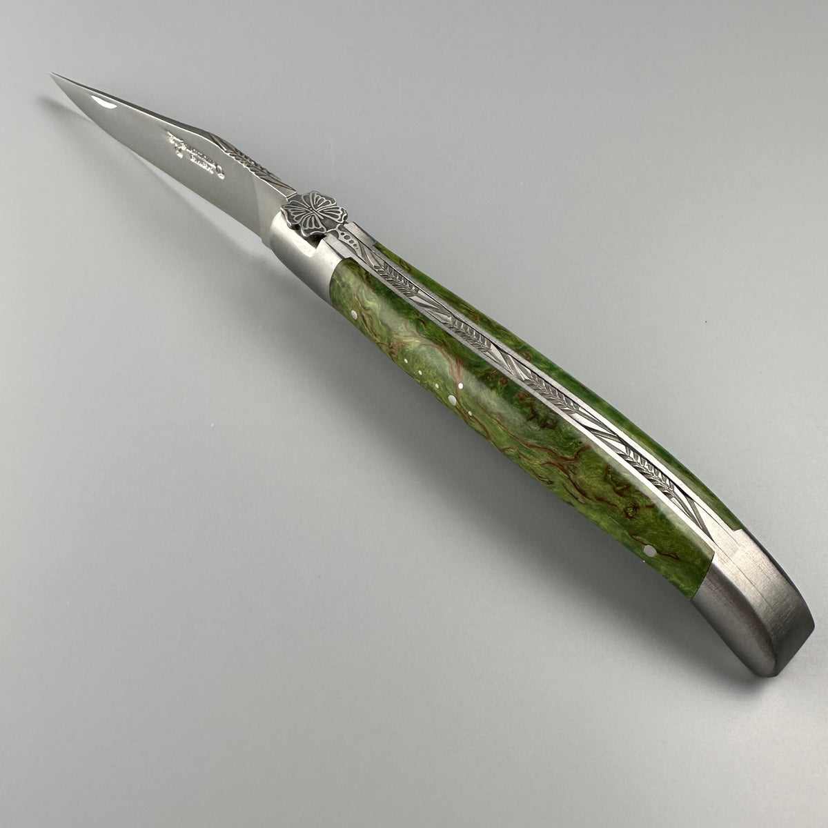 Laguiole en Aubrac Hancarved Plate Folding Knife Butterfly Bee Green Birchwood Burl, 4.7"