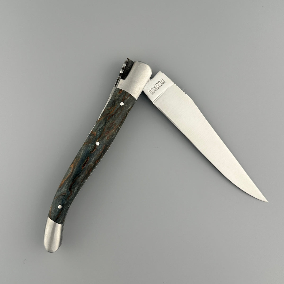 Laguiole en Aubrac Hancarved Plate Folding Knife Butterfly Bee Dark Teal Birchwood Burl, 4.7"
