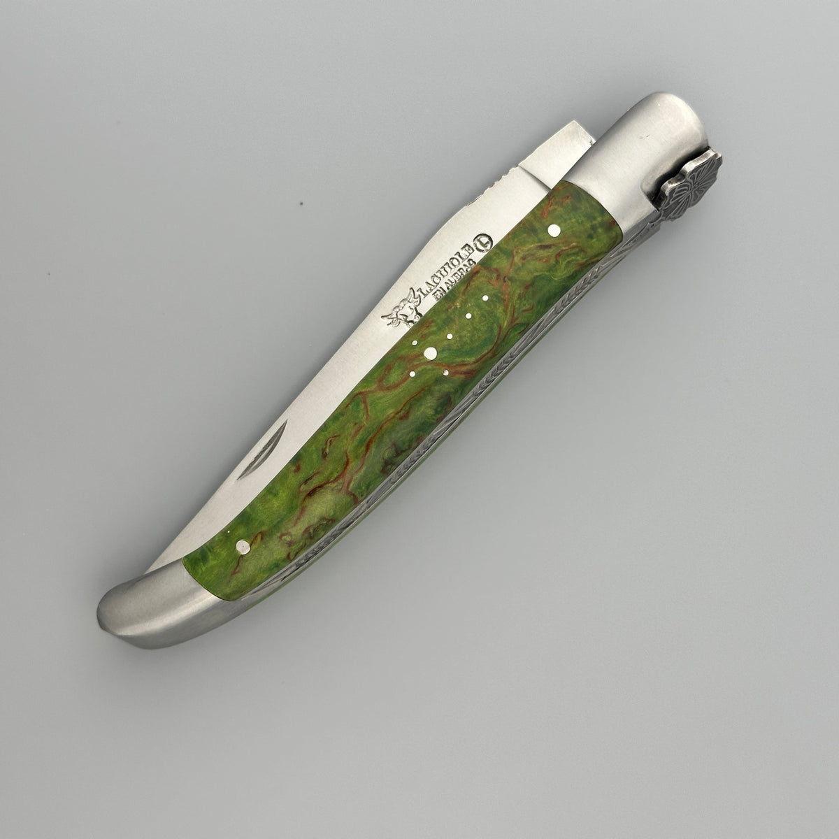 Laguiole en Aubrac Hancarved Plate Folding Knife Butterfly Bee Green Birchwood Burl, 4.7"