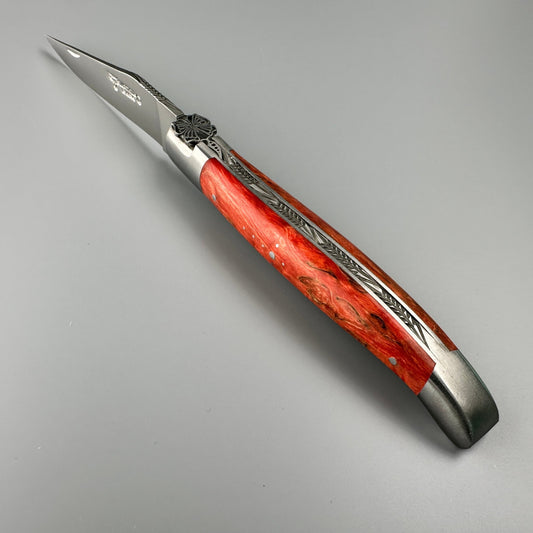 Laguiole en Aubrac Hancarved Plate Folding Knife Butterfly Bee Red Birchwood Burl, 4.7"