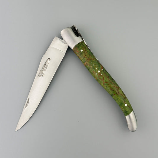 Laguiole en Aubrac Hancarved Plate Folding Knife Butterfly Bee Green Birchwood Burl, 4.7"