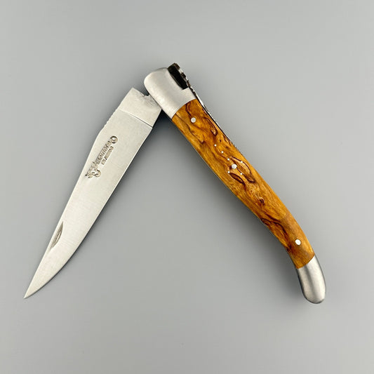 Laguiole en Aubrac Hancarved Plate Folding Knife Butterfly Bee Yellow Birchwood Burl, 4.7"
