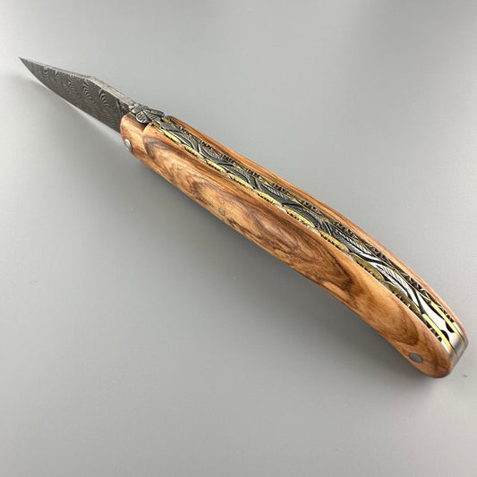 Laguiole en Aubrac Damascus Double Plated Stainless & Brass Knife, Olive Wood, 4.7"