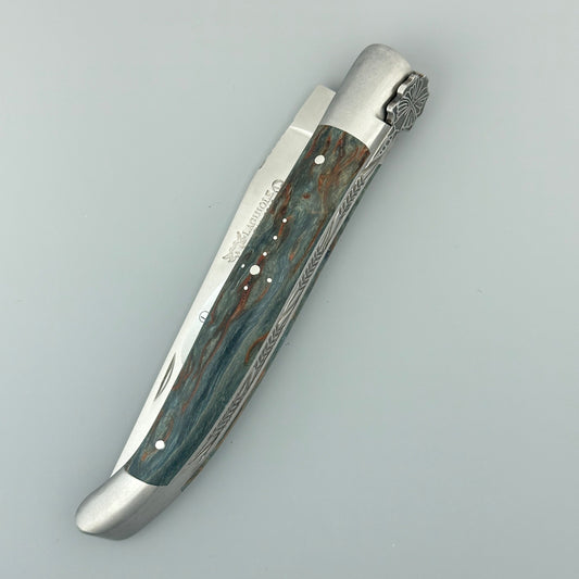 Laguiole en Aubrac Hancarved Plate Folding Knife Butterfly Bee Dark Teal Birchwood Burl, 4.7"