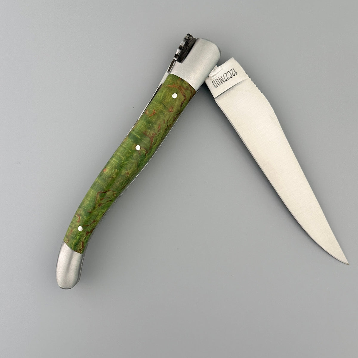 Laguiole en Aubrac Hancarved Plate Folding Knife Butterfly Bee Green Birchwood Burl, 4.7"