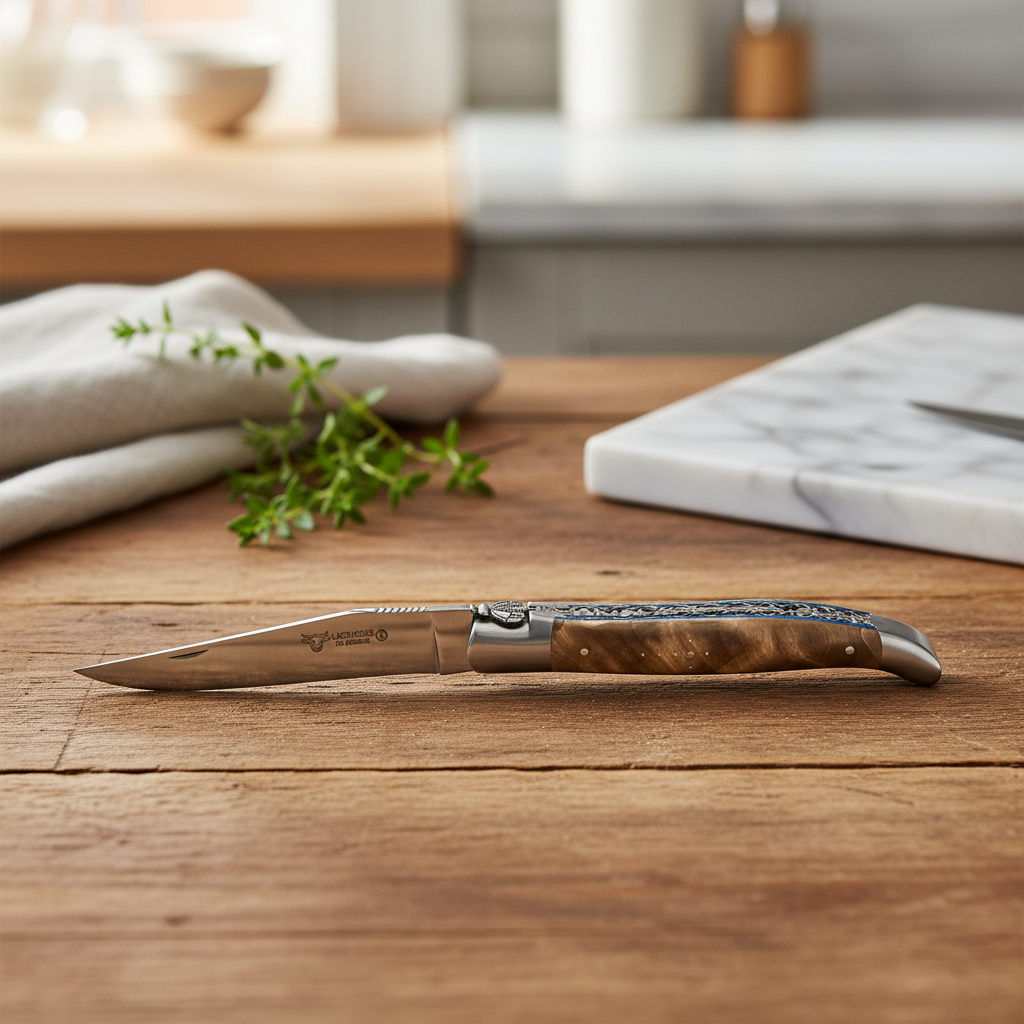 Laguiole en Aubrac Limited Edition With Two Handcarved Plates Multipurpose Knife And Blackened Poplar Burl Handle, Blue Spacing 4.75-Inches