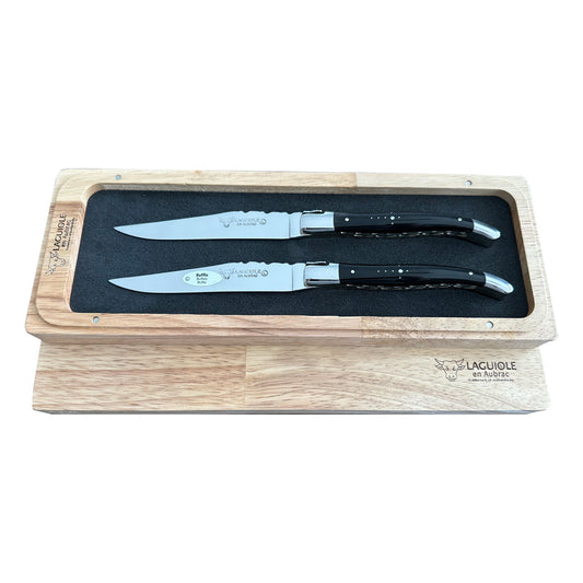 Laguiole en Aubrac Handcrafted 2-Piece Steak Knife Set with Buffalo Handles, Polished Bolsters & Brass Spring