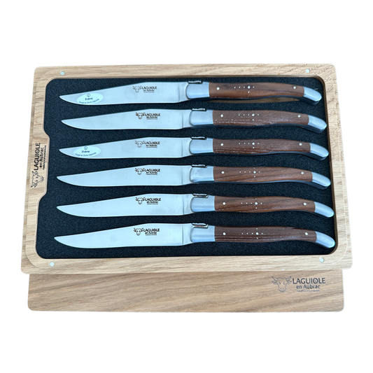 Laguiole en Aubrac Handcrafted Plated 6-Piece Steak Knife Set with Ash Wood Handles