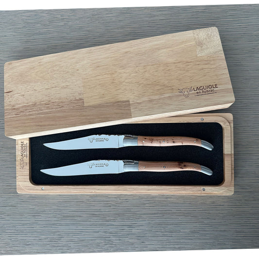 Laguiole en Aubrac Luxury Handcrafted Stainless Steel & Brass Double Plate 2-Piece Steak Knife Set with Juniper Wood Handles