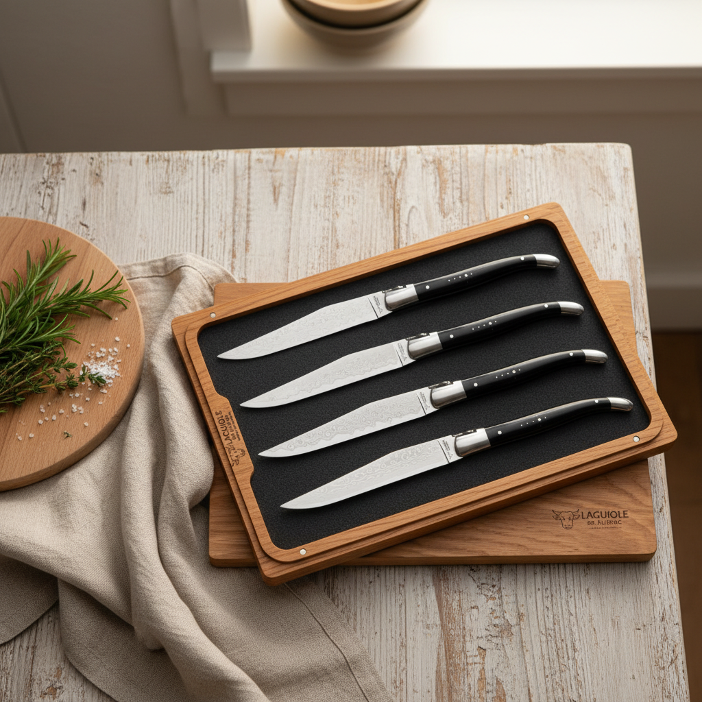 Laguiole en Aubrac 4-Piece Steak Knife Set, Damascus Blades & Buffalo Handles