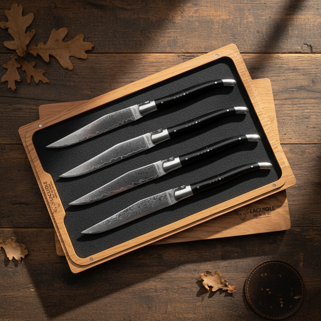 Laguiole en Aubrac 4-Piece Steak Knife Set, Damascus Blades & Buffalo Handles