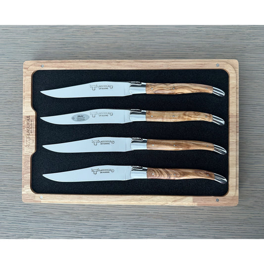 Laguiole en Aubrac Handcrafted 4-Piece Steak Knife Set with Olivewood Handles, Polished Bolsters
