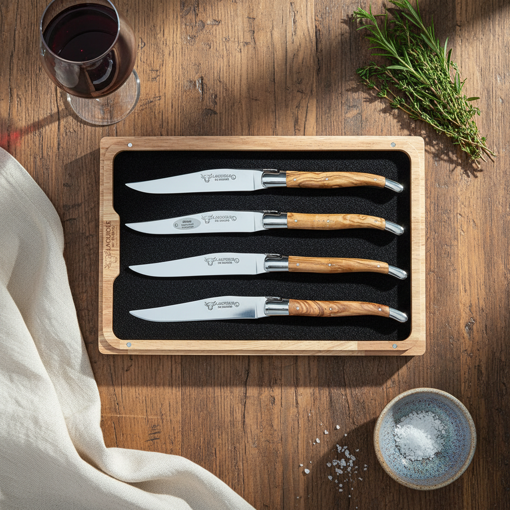 Laguiole en Aubrac Handcrafted 4-Piece Steak Knife Set with Olivewood Handles, Polished Bolsters