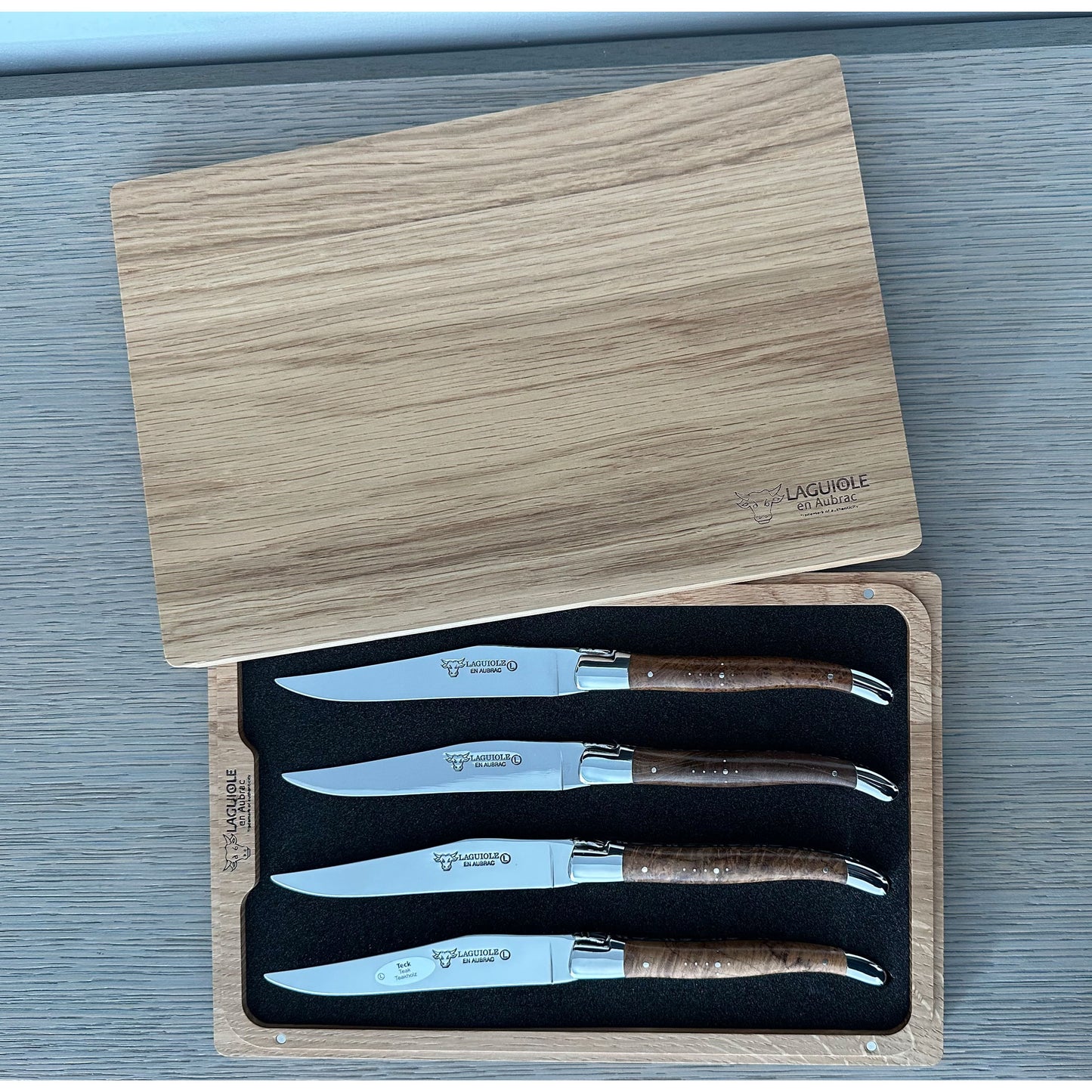 Laguiole en Aubrac Handcrafted 4-Piece Steak Knife Set with Teak Wood Handles, Polished Bolsters
