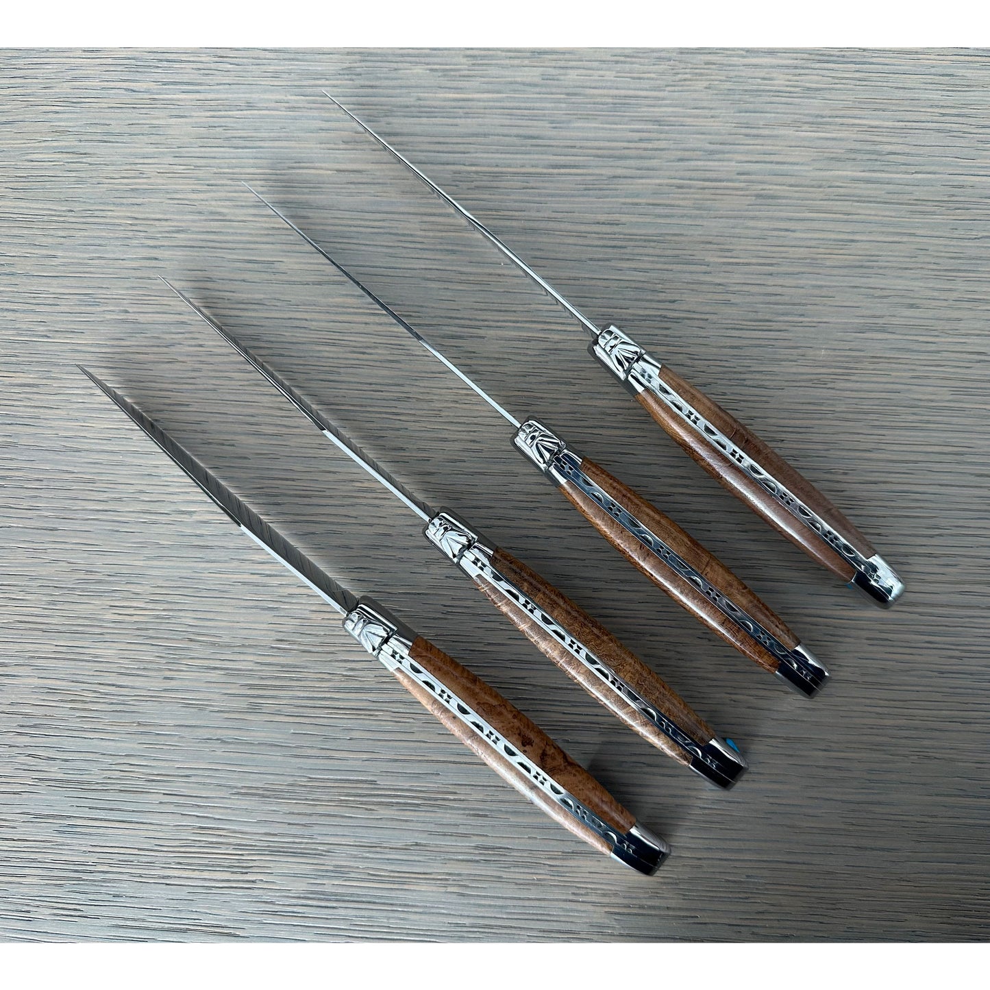 Laguiole en Aubrac Handcrafted 4-Piece Steak Knife Set with Teak Wood Handles, Polished Bolsters