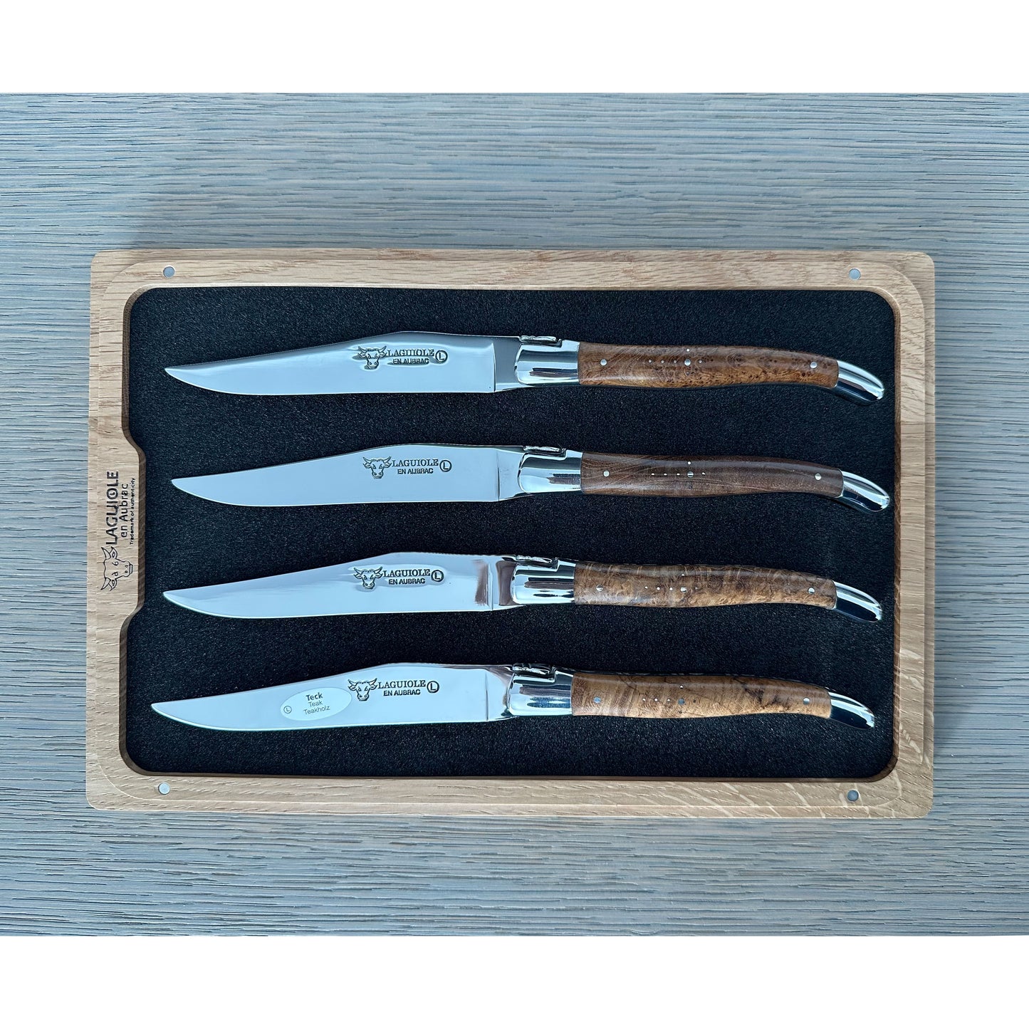 Laguiole en Aubrac Handcrafted 4-Piece Steak Knife Set with Teak Wood Handles, Polished Bolsters