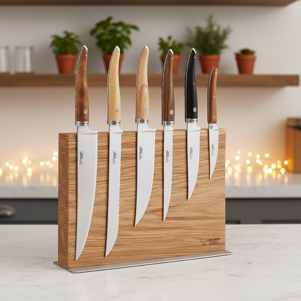 Laguiole en Aubrac Juego de cuchillos de cocina gourmet artesanales de 7 piezas con mangos de madera mixta, bloque magnético de roble