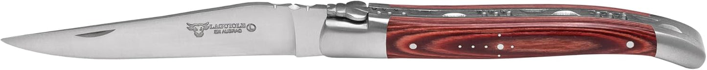 Laguiole en Aubrac Handcrafted 6-Piece Steak Knife Set with Red Pakawood Handles, Stainless Steel Matte Bolsters