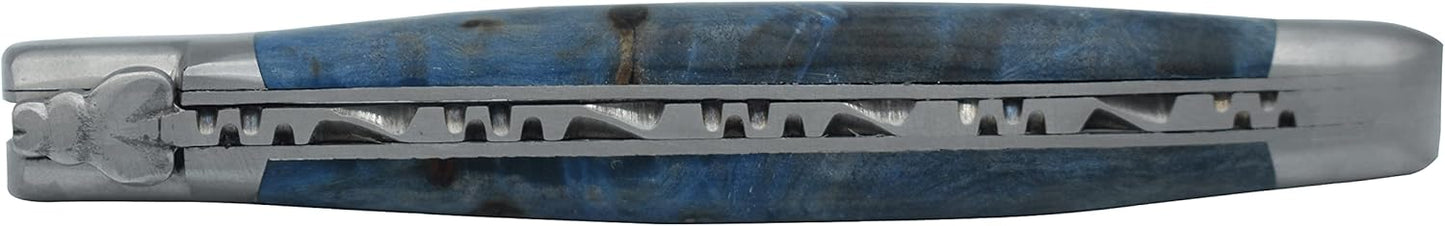 Laguiole en Aubrac Handcrafted Plates Multipurpose Knife, Blue Poplar Burl Wood Handle, 4.75 inches, Matte Stainless Steel Bolsters