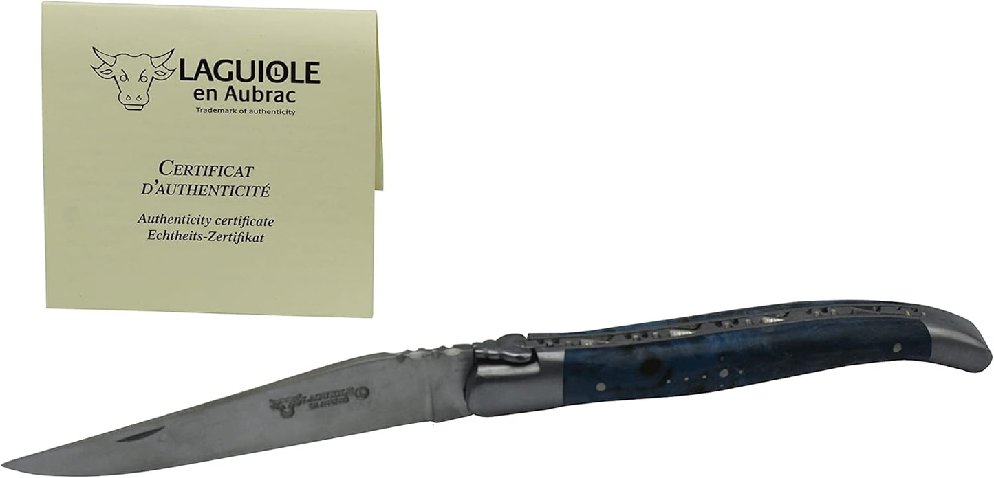 Laguiole en Aubrac Handcrafted Plates Multipurpose Knife, Blue Poplar Burl Wood Handle, 4.75 inches, Matte Stainless Steel Bolsters