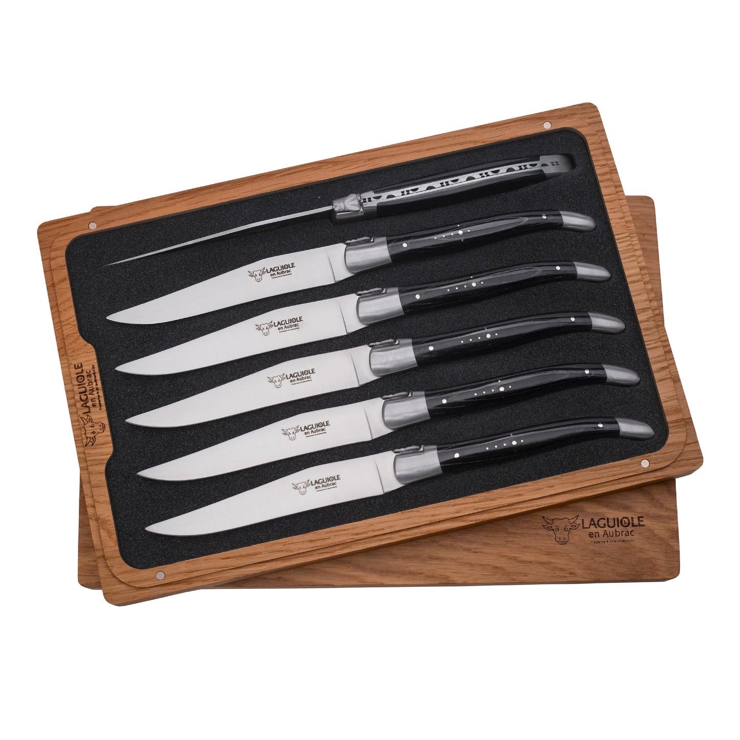 Laguiole en Aubrac Handcrafted 6-Piece Steak Knife Set with Black Pakawood Handles, Stainless Steel Matte Bolsters