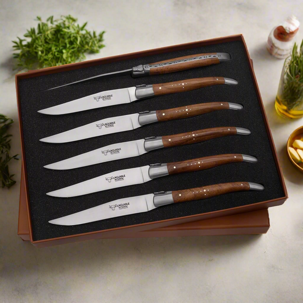 Laguiole en Aubrac Luxury Steak/Table Knives 6-Piece Set With Teak Wood Handles